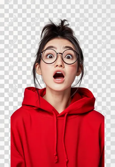 This is a photo of a happy but shocked young Asian woman with a ponytail, a pair of round-framed glasses and an oversized red hoodie against a white background. The photography is studio based, shot at a high angle in an editorial style with a fashion magazine aesthetic. The lighting is natural and the images have a surreal, highly detailed look.