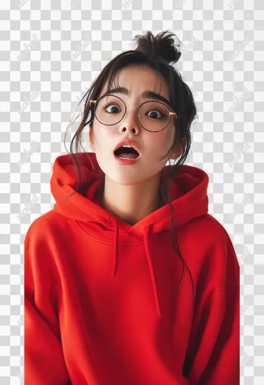 This is a photo of a happy but shocked young Asian woman with a ponytail, a pair of round-framed glasses and an oversized red hoodie against a white background. The photography is studio based, shot at a high angle in an editorial style with a fashion magazine aesthetic. The lighting is natural and the images have a surreal, highly detailed look.