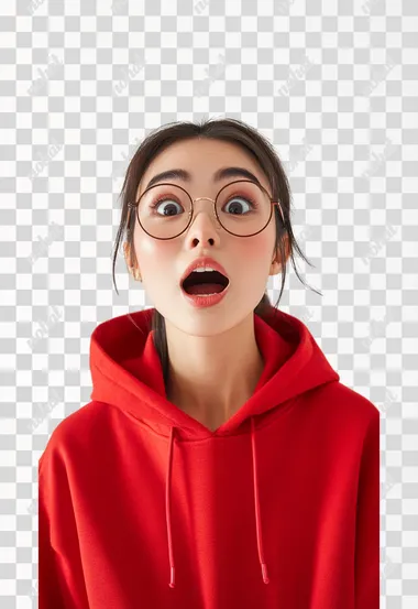 This is a photo of a happy but shocked young Asian woman with a ponytail, a pair of round-framed glasses and an oversized red hoodie against a white background. The photography is studio based, shot at a high angle in an editorial style with a fashion magazine aesthetic. The lighting is natural and the images have a surreal, highly detailed look.