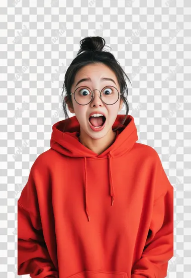 This is a photo of a happy but shocked young Asian woman with a ponytail, a pair of round-framed glasses and an oversized red hoodie against a white background. The photography is studio based, shot at a high angle in an editorial style with a fashion magazine aesthetic. The lighting is natural and the images have a surreal, highly detailed look.