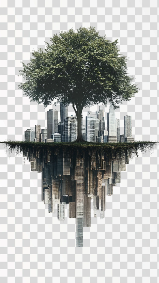 A complete cityscape tree, temperate climate tree, white bac