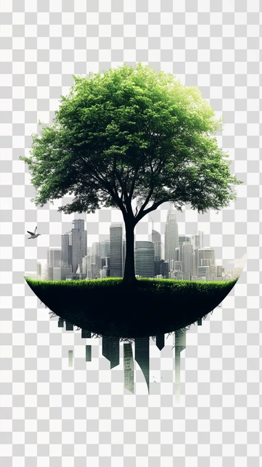 A complete cityscape tree, temperate climate tree, white background, realistic style, photo, HD, 32K.