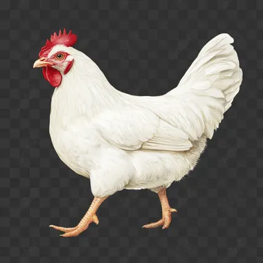 white chicken facing forward walking, painted style on a white background