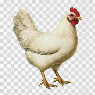 white chicken facing forward walking, painted style on a white background