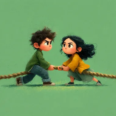 Cartoon style two kids in a tug of war  --s 250