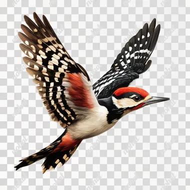 Flying Woodpecker on white background, ultrarealistic HD