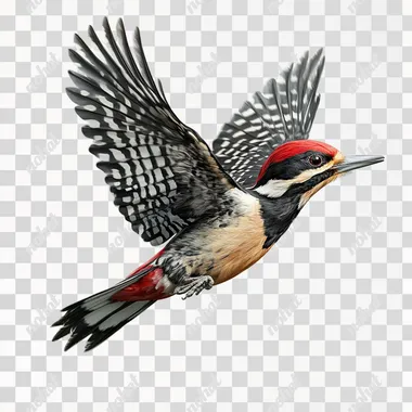 Flying Woodpecker on white background, ultrarealistic HD
