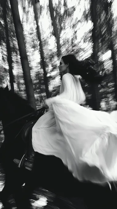 A blurred black and white image of a woman in a flowing white dress riding a horse at full speed through a dense, shadowy forest. Her hair and fabric trail behind her with intense motion. The scene is shot like a frame from a forgotten 1970s art film high contrast, soft focus, and visible heavy 35mm film grain. The lighting is natural and directional, with flickers of light breaking through the trees, creating a ghostly atmosphere. The image feels emotional and raw, evoking urgency, solitude, and mythological transformation. A contemporary vision of the heros call powerful, cinematic, and dreamlike.   rofile 5shn6qo