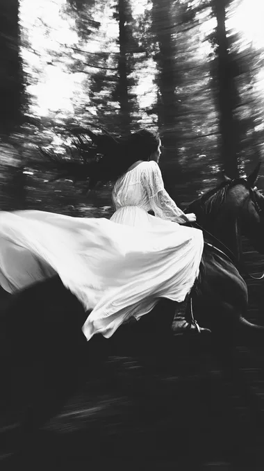 A blurred black and white image of a woman in a flowing white dress riding a horse at full speed through a dense, shadowy forest. Her hair and fabric trail behind her with intense motion. The scene is shot like a frame from a forgotten 1970s art film high contrast, soft focus, and visible heavy 35mm film grain. The lighting is natural and directional, with flickers of light breaking through the trees, creating a ghostly atmosphere. The image feels emotional and raw, evoking urgency, solitude, and mythological transformation. A contemporary vision of the heros call powerful, cinematic, and dreamlike.   rofile 5shn6qo