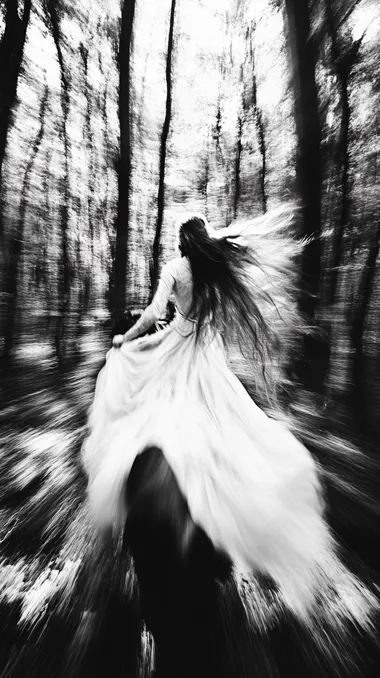 A blurred black and white image of a woman in a flowing white dress riding a horse at full speed through a dense, shadowy forest. Her hair and fabric trail behind her with intense motion. The scene is shot like a frame from a forgotten 1970s art film high contrast, soft focus, and visible heavy 35mm film grain. The lighting is natural and directional, with flickers of light breaking through the trees, creating a ghostly atmosphere. The image feels emotional and raw, evoking urgency, solitude, and mythological transformation. A contemporary vision of the heros call powerful, cinematic, and dreamlike.   rofile 5shn6qo