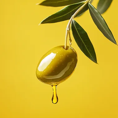 An olive with oil dripping down, close-up shot, yellow background, advertising photography style, high resolution, high detail, natural lighting, vibrant colors, and high contrast. The scene is captured in a studio setting with soft light casting gentle shadows on the olives and leaves. This composition emphasizes the texture of the green olives and their golden sheen against the bright yellow backdrop. It creates an atmosphere that evokes feelings of freshness and quality.