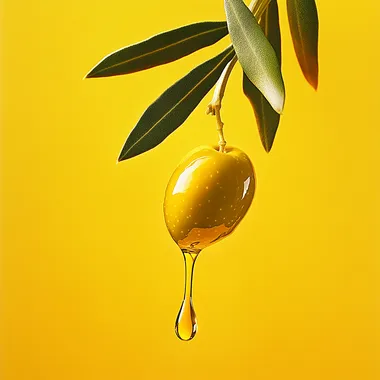 An olive with oil dripping down, close-up shot, yellow background, advertising photography style, high resolution, high detail, natural lighting, vibrant colors, and high contrast. The scene is captured in a studio setting with soft light casting gentle shadows on the olives and leaves. This composition emphasizes the texture of the green olives and their golden sheen against the bright yellow backdrop. It creates an atmosphere that evokes feelings of freshness and quality.