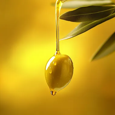 An olive with oil dripping down, close-up shot, yellow background, advertising photography style, high resolution, high detail, natural lighting, vibrant colors, and high contrast. The scene is captured in a studio setting with soft light casting gentle shadows on the olives and leaves. This composition emphasizes the texture of the green olives and their golden sheen against the bright yellow backdrop. It creates an atmosphere that evokes feelings of freshness and quality.