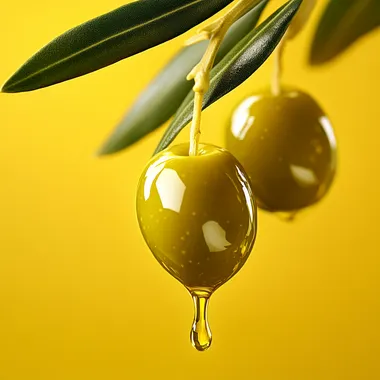 An olive with oil dripping down, close-up shot, yellow background, advertising photography style, high resolution, high detail, natural lighting, vibrant colors, and high contrast. The scene is captured in a studio setting with soft light casting gentle shadows on the olives and leaves. This composition emphasizes the texture of the green olives and their golden sheen against the bright yellow backdrop. It creates an atmosphere that evokes feelings of freshness and quality.