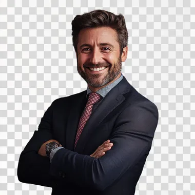 a corporate boss, standing from head to toes, smiling, arms crossed