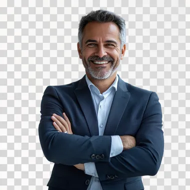 a corporate boss, standing from head to toes, smiling, arms crossed