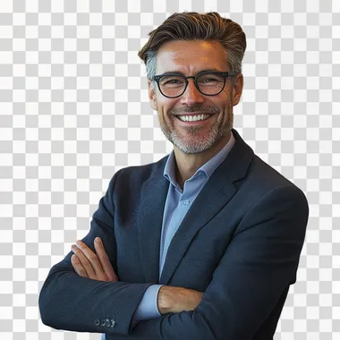 a corporate boss, standing from head to toes, smiling, arms crossed