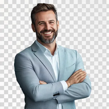 a corporate boss, standing from head to toes, smiling, arms crossed