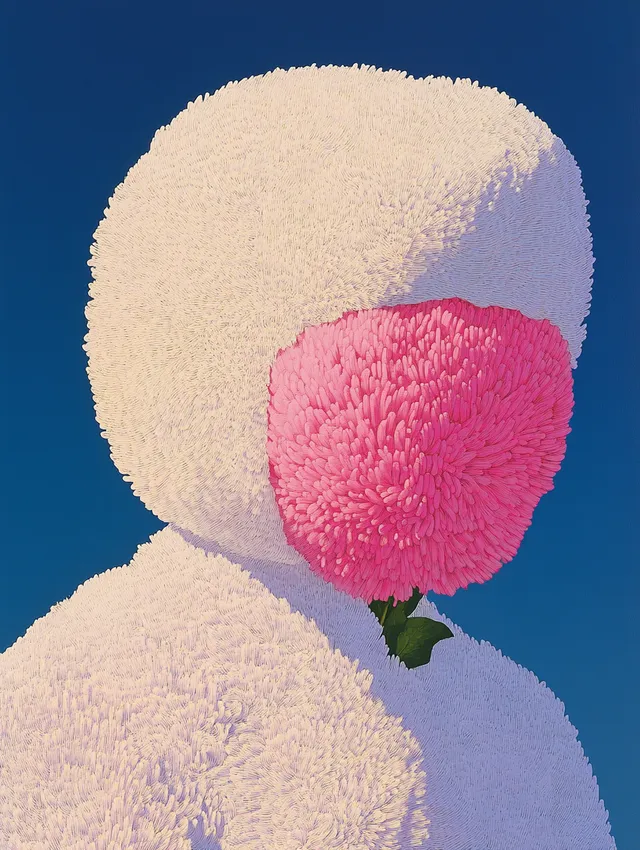 Pink flower on snowman in winter landscape, figures embracing joyfully