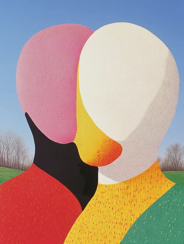 Two figures embracing in a vibrant floral landscape painting