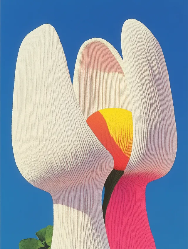Tall white sculptures of merging flowers in an artistic embrace