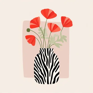 Create an illustration of a vase with bold black and white zebra stripes, holding a vibrant bouquet of red poppies. The poppies are illustrated in a simple, stylized manner, with soft green stems and leaves. The background consists of a soft, muted pink square, contrasting the bright red flowers and the patterned vase. The overall composition has a modern, minimalist design with clean lines and bright, flat colors. rofile k67154z