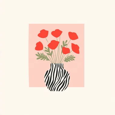 Create an illustration of a vase with bold black and white zebra stripes, holding a vibrant bouquet of red poppies. The poppies are illustrated in a simple, stylized manner, with soft green stems and leaves. The background consists of a soft, muted pink square, contrasting the bright red flowers and the patterned vase. The overall composition has a modern, minimalist design with clean lines and bright, flat colors. rofile k67154z