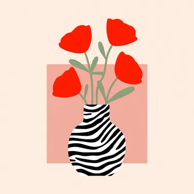 Create an illustration of a vase with bold black and white zebra stripes, holding a vibrant bouquet of red poppies. The poppies are illustrated in a simple, stylized manner, with soft green stems and leaves. The background consists of a soft, muted pink square, contrasting the bright red flowers and the patterned vase. The overall composition has a modern, minimalist design with clean lines and bright, flat colors. rofile k67154z