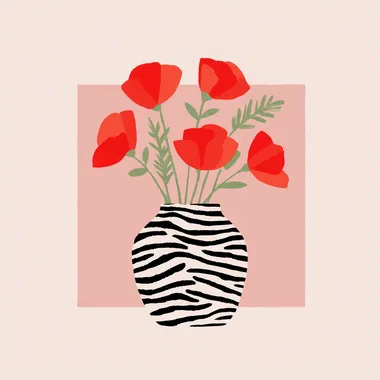Create an illustration of a vase with bold black and white zebra stripes, holding a vibrant bouquet of red poppies. The poppies are illustrated in a simple, stylized manner, with soft green stems and leaves. The background consists of a soft, muted pink square, contrasting the bright red flowers and the patterned vase. The overall composition has a modern, minimalist design with clean lines and bright, flat colors. rofile k67154z