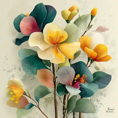 Ceramic art, soft pastels, paint a Vivarium with Maori style Rare Colorful Orchid Vector Design and Minimal shadows. Limit palette to pastel colors only, no black.  black, black colors, thin line, thin lines, fine line, black lines, texture, textures   --s 750