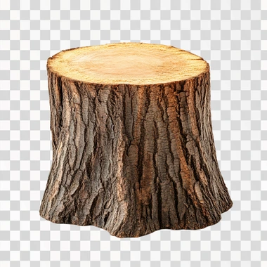 Wooden stump isolated on the white background. Round cut down tree with annual rings as a wood texture.