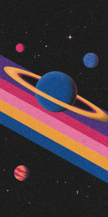 70s style futuristic spacey art, minamilist, saturns rings, interesting composition, graphic design, planets and stars, a space-themed digital backdrop   rofile 9kge89k