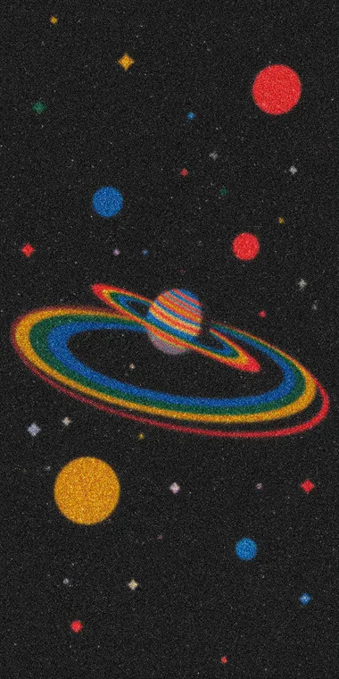 70s style futuristic spacey art, minamilist, saturns rings, interesting composition, graphic design, planets and stars, a space-themed digital backdrop   rofile 9kge89k