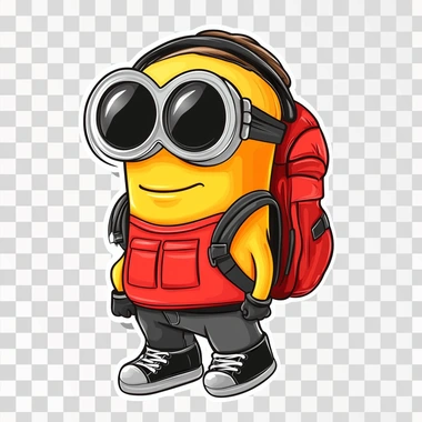 A Vector Cartoon Sticker of a Minion character wearing a red back pack and black sunglasses Nikes white background