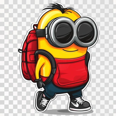A Vector Cartoon Sticker of a Minion character wearing a red back pack and black sunglasses Nikes white background