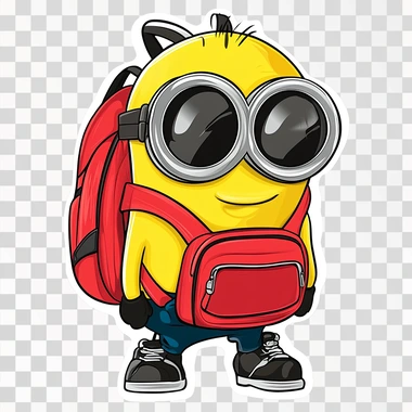 A Vector Cartoon Sticker of a Minion character wearing a red back pack and black sunglasses Nikes white background