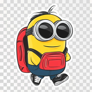 A Vector Cartoon Sticker of a Minion character wearing a red back pack and black sunglasses Nikes white background