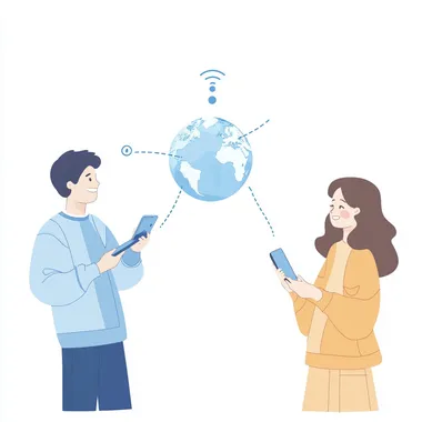 The background is white. In the upper left corner is a man holding a mobile phone. In the lower right corner is a woman holding a mobile phone. In the middle is a light blue earth. There is a curved dotted line connecting the mobile phones and a Bluetooth logo. It is presented in the form of an animation.