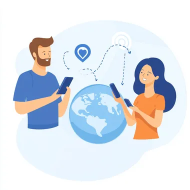 The background is white. In the upper left corner is a man holding a mobile phone. In the lower right corner is a woman holding a mobile phone. In the middle is a light blue earth. There is a curved dotted line connecting the mobile phones and a Bluetooth logo. It is presented in the form of an animation.
