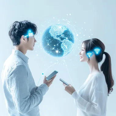 The background is white. In the upper left corner is a man holding a mobile phone. In the lower right corner is a woman holding a mobile phone. In the middle is a light blue earth. There is a curved dotted line connecting the mobile phones and a Bluetooth logo. It is presented in the form of an animation.