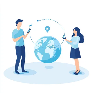 The background is white. In the upper left corner is a man holding a mobile phone. In the lower right corner is a woman holding a mobile phone. In the middle is a light blue earth. There is a curved dotted line connecting the mobile phones and a Bluetooth logo. It is presented in the form of an animation.