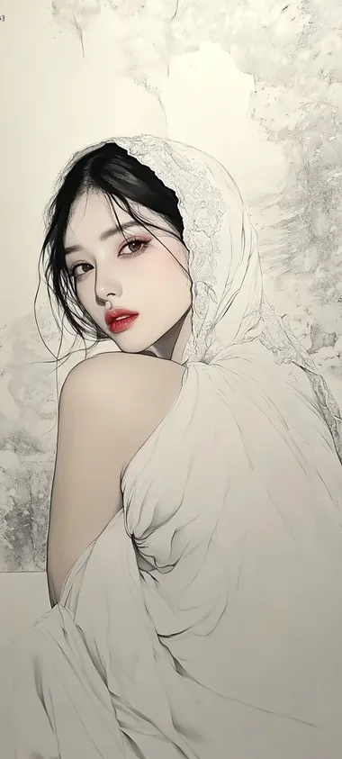the ink painting of A Classical Egypt woman in a lace hooded white dress in the wall ,stunning body,beautiful face,crazy details,Surrealist style,uhd @1907853458694737920@     --s 200