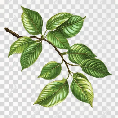 Branch of green leafs, 1950s illustration, summerday, PNG