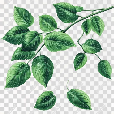 Branch of green leafs, 1950s illustration, summerday, PNG