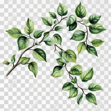 Branch of green leafs, 1950s illustration, summerday, PNG