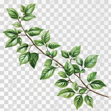 Branch of green leafs, 1950s illustration, summerday, PNG