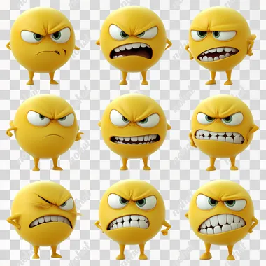 Caricature character, many poses and facial expressions (smile, anger, surprise, dorky expression).Round yellow ball dressed as a teenage bully, Tim Burton style. 100% White Background. Cartoon character design - 3D render with hyper-realistic, high-resolution photographic image. The image is insanely detailed, with professional color reproduction, soft shadows and clean, sharp focus.