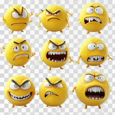 Caricature character, many poses and facial expressions (smile, anger, surprise, dorky expression).Round yellow ball dressed as a teenage bully, Tim Burton style. 100% White Background. Cartoon character design - 3D render with hyper-realistic, high-resolution photographic image. The image is insanely detailed, with professional color reproduction, soft shadows and clean, sharp focus.