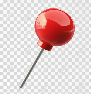 3D realistic red push pin on a transparent background, in the style of a cartoon, PNG format.    --s 250