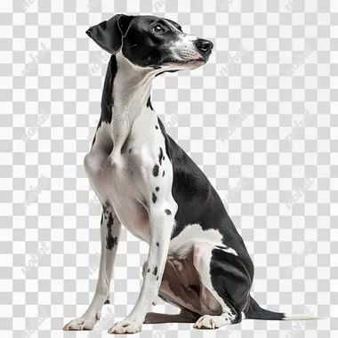 a black and white greyhound is sitting, white background --s 250